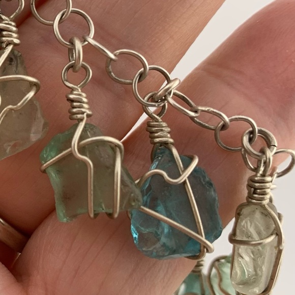 STERLING SEA GLASS BRACELET AQUA LIGHT GREEN 6.5 +1" extender 925 SILVER ARTISAN - Picture 2 of 8